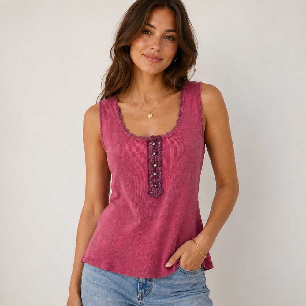 Apt. 9 Tank Top XL Pink Acid Wash Lace Trim Henley Ribbed Cotton Sleeveless Y2K